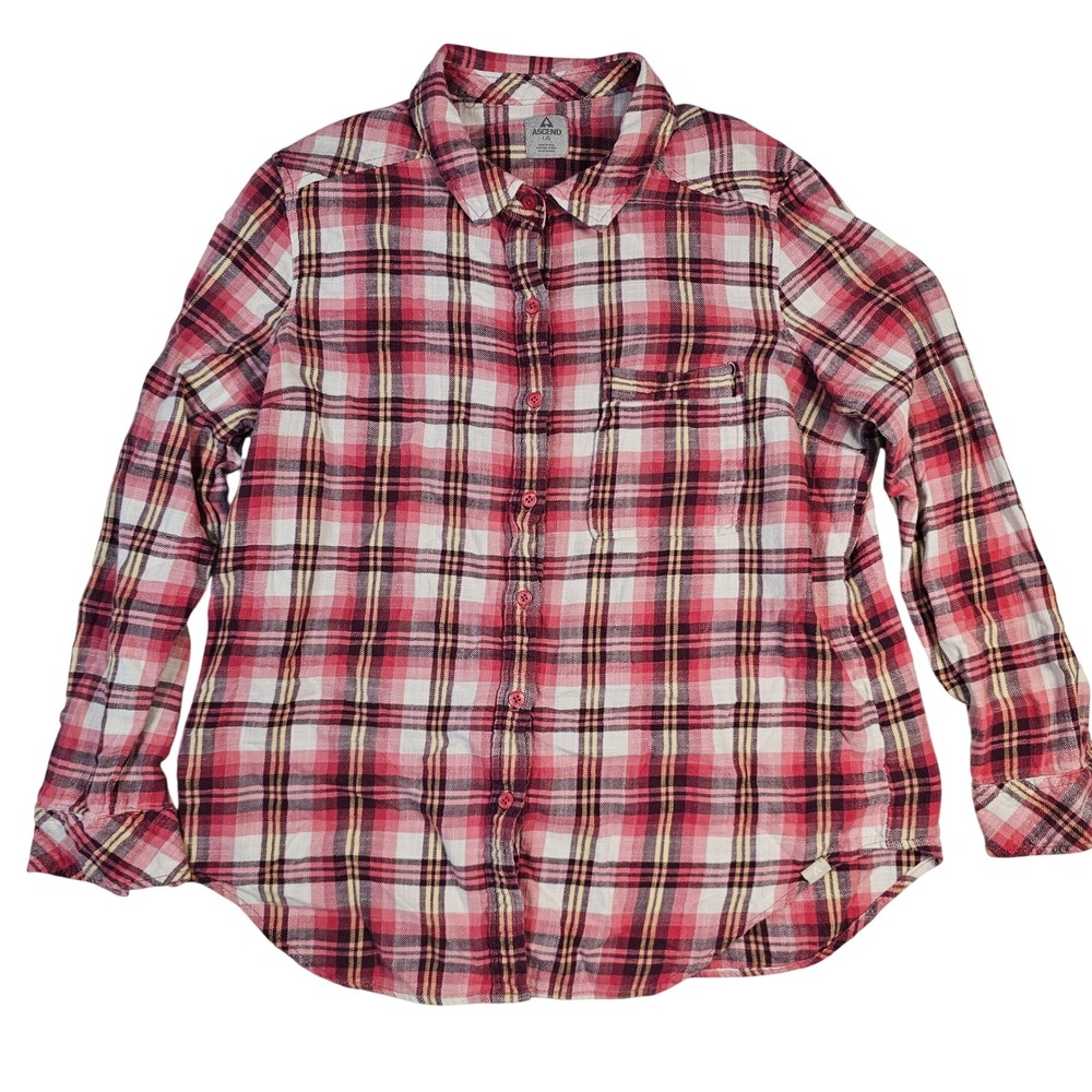 Ascend Womens Pink Plaid Flannel Long Sleeve Button Down Shirt Large